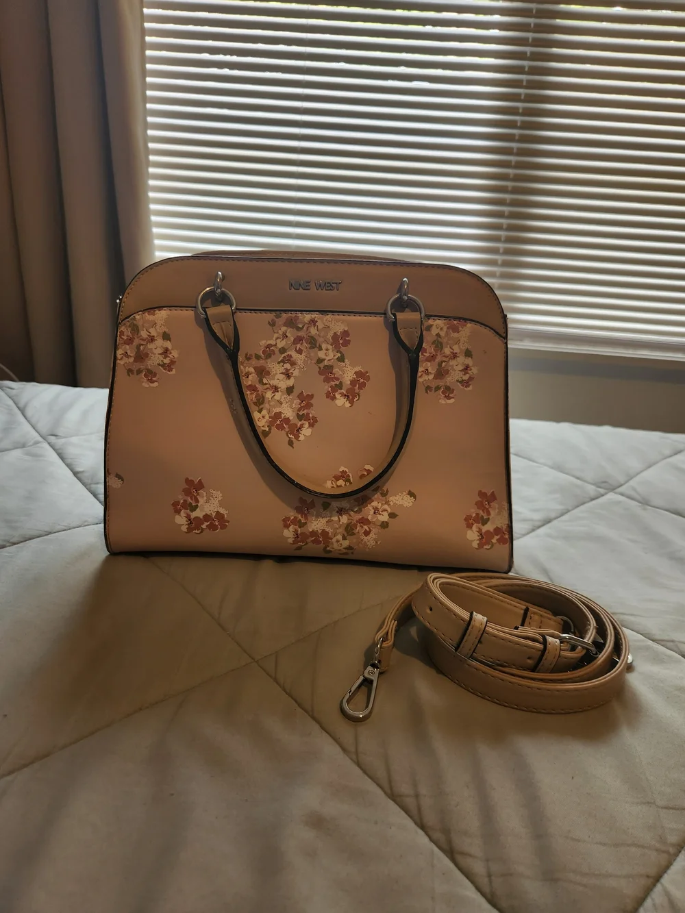 Nine West Blush Pink Floral Satchel with Detachable Strap